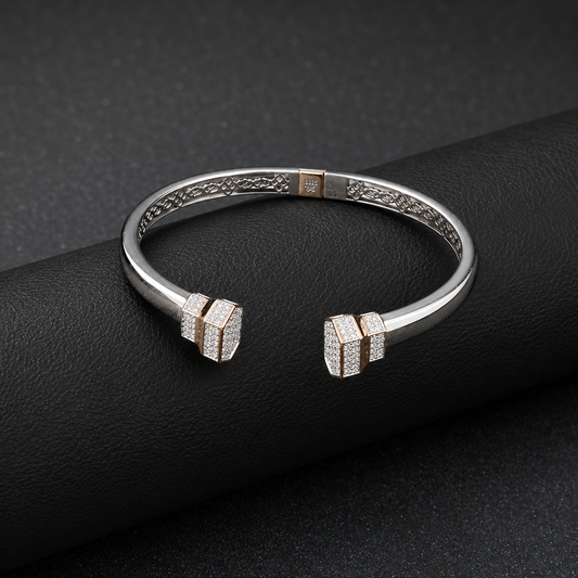 Men’s Silver & Rose Gold Diamond Kada Bracelet