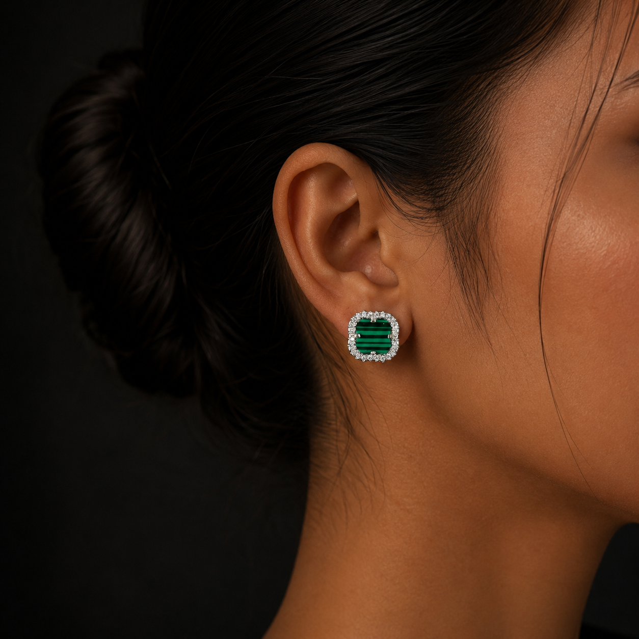 Silver Green Halo Diamond Stud Earrings for Women