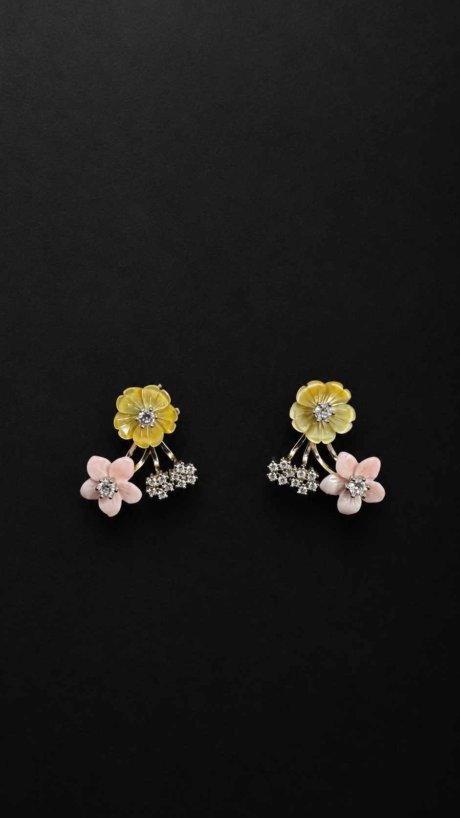 Silver Yellow Pink Flower Diamond Stud Earrings