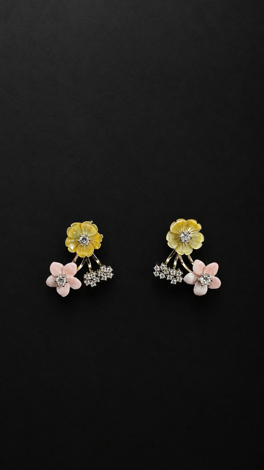 Silver Yellow Pink Flower Diamond Stud Earrings