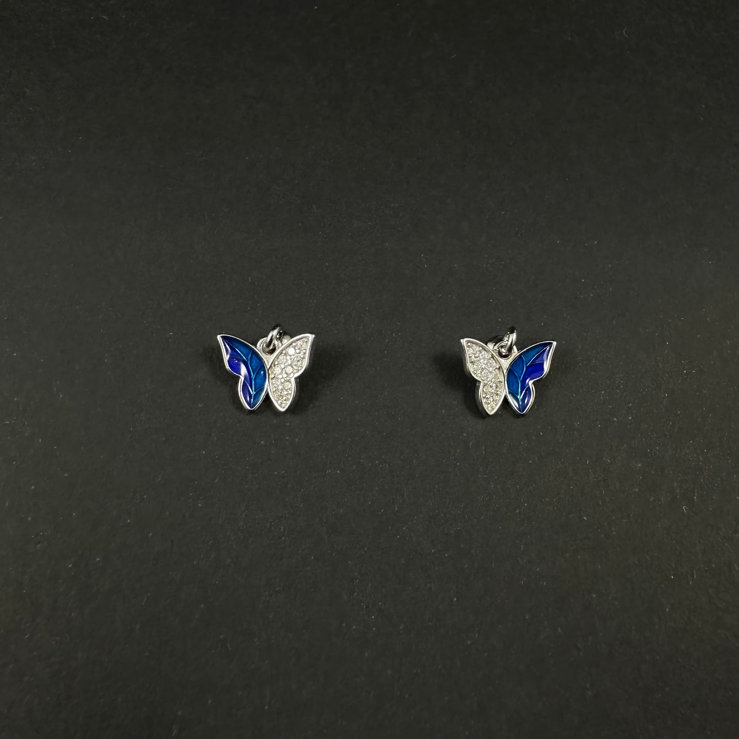 Silver Diamond Blue Butterfly Charm Stud Earrings for Women