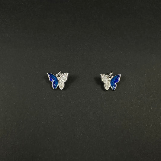 Silver Diamond Blue Butterfly Charm Stud Earrings for Women