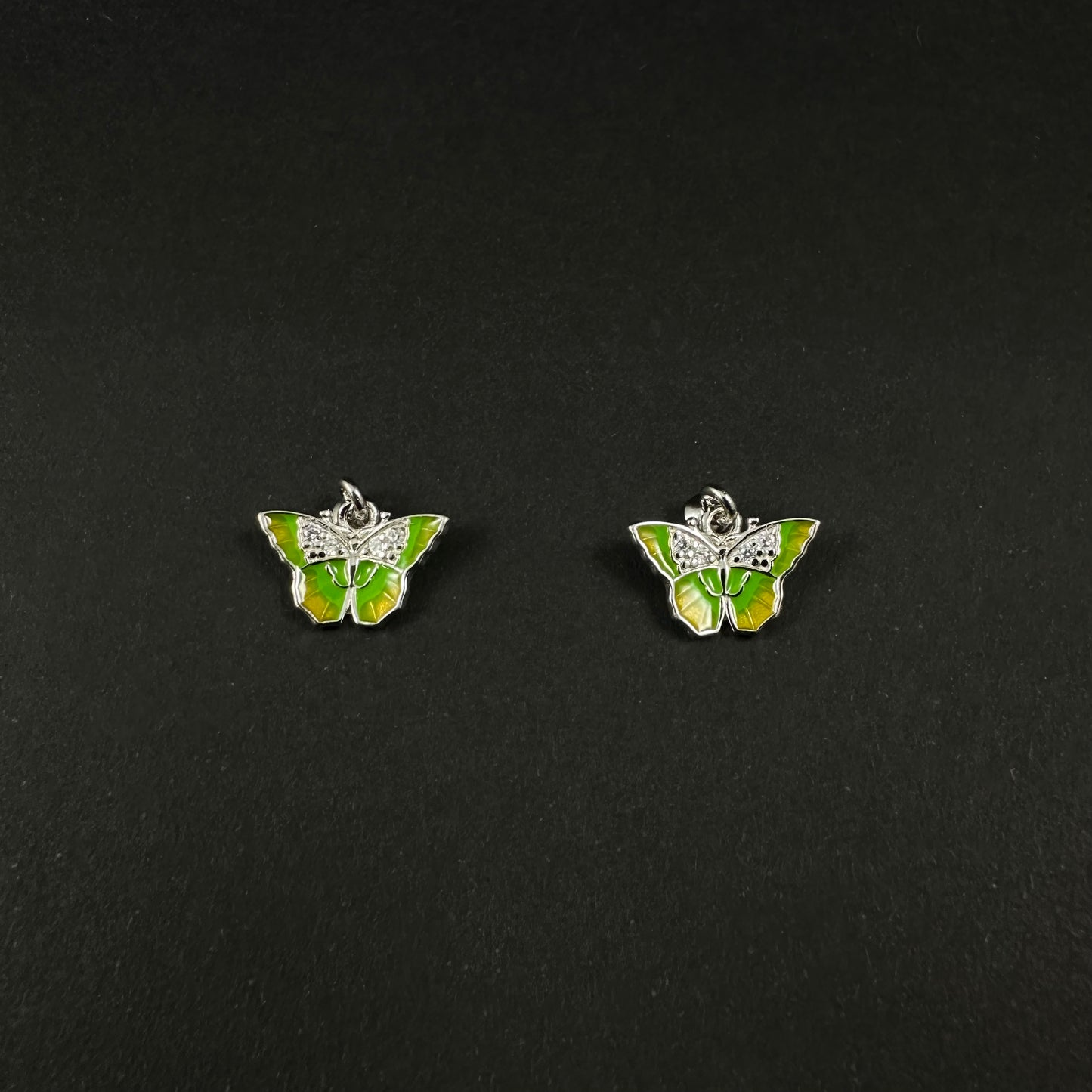 Silver Diamond Green Butterfly Stud Earrings for Women