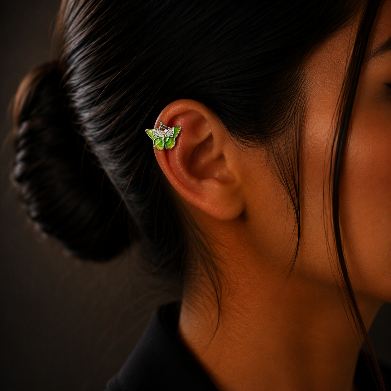 Silver Diamond Green Butterfly Stud Earrings for Women