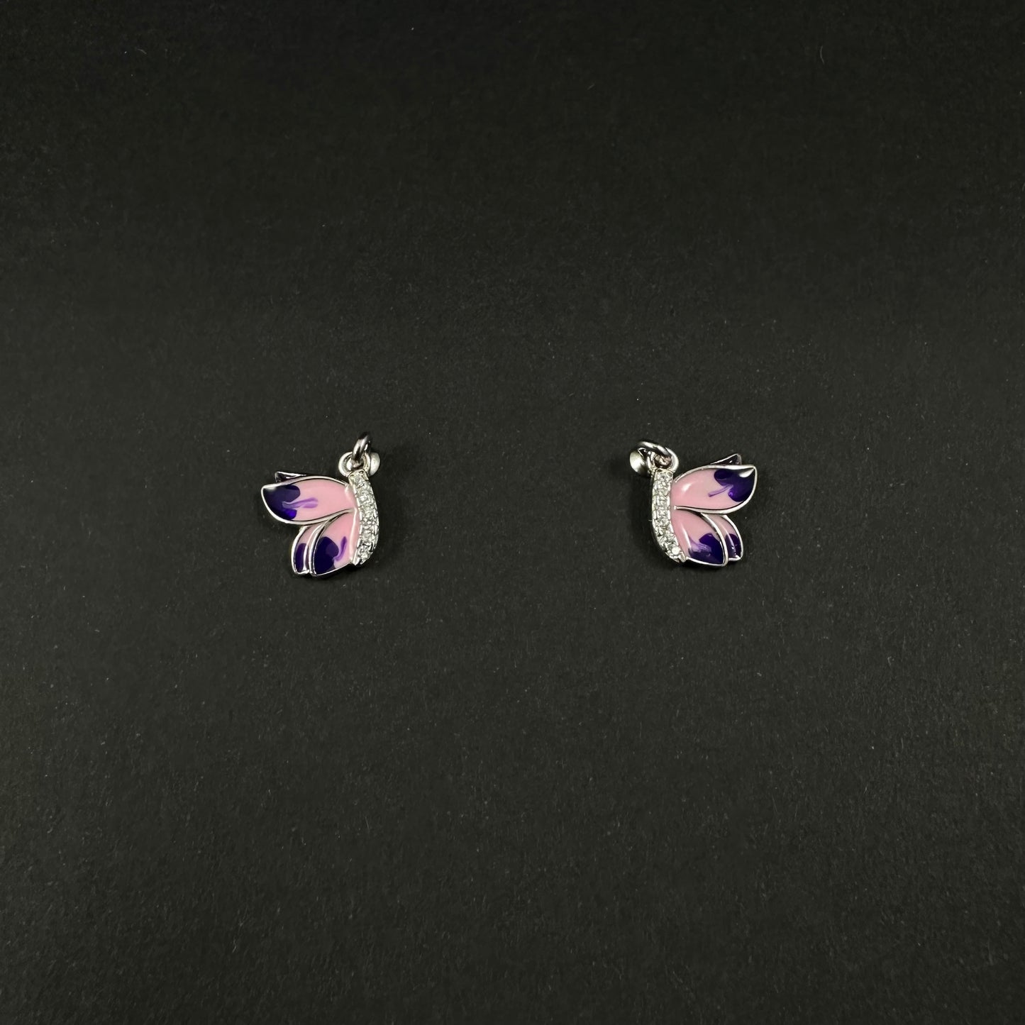 Silver Diamond Pink Butterfly Stud Earrings for Women