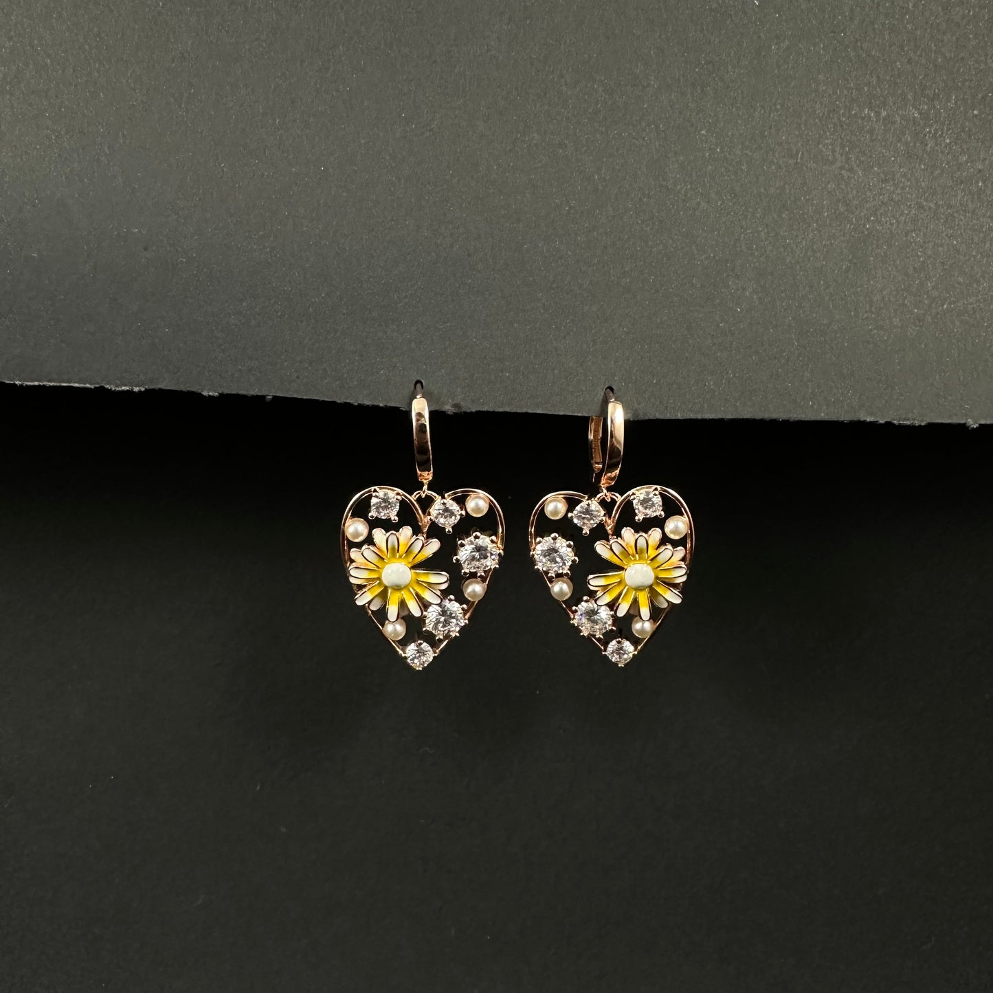 Rose Gold Floral Heart Silver Diamond Loop Earrings for Women
