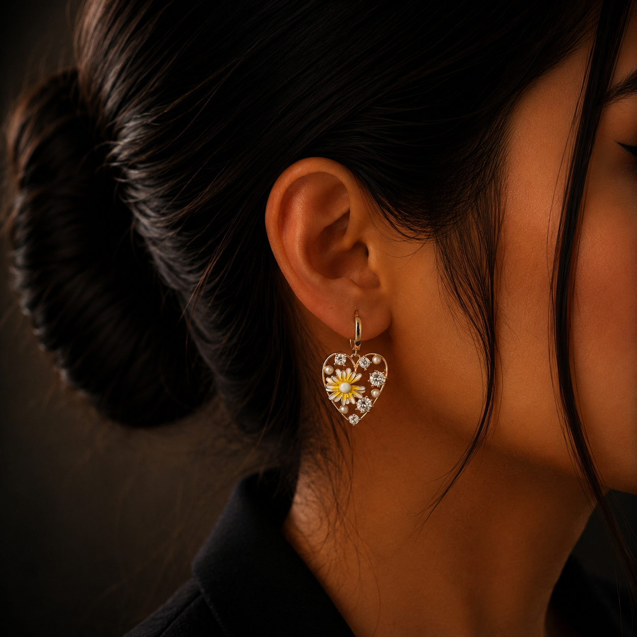 Rose Gold Floral Heart Silver Diamond Loop Earrings for Women