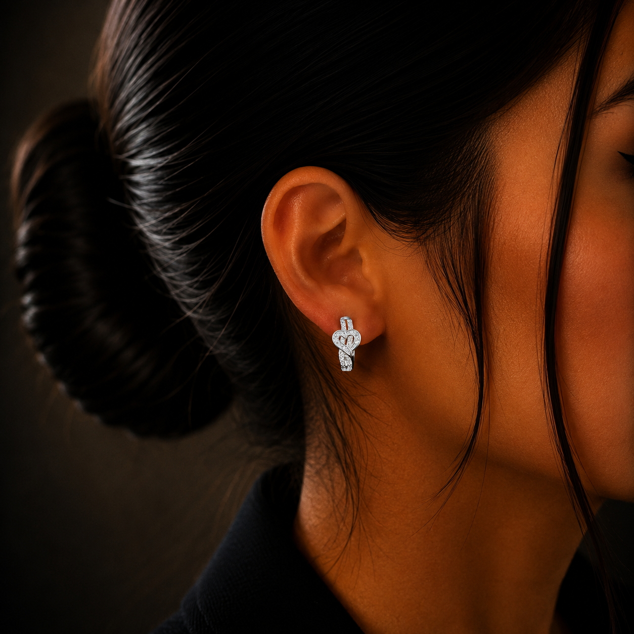 Elegant Heart Design Silver Diamond Loop Earrings for Women
