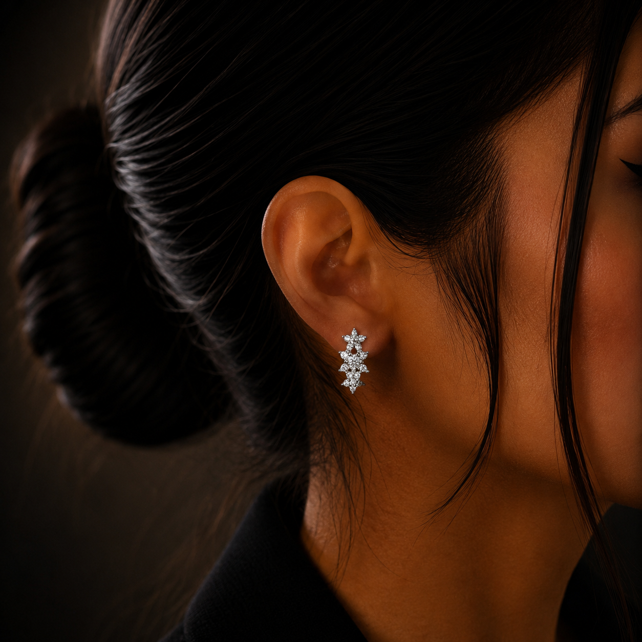 Floral Sparkle Silver Diamond Loop Earrings for Women