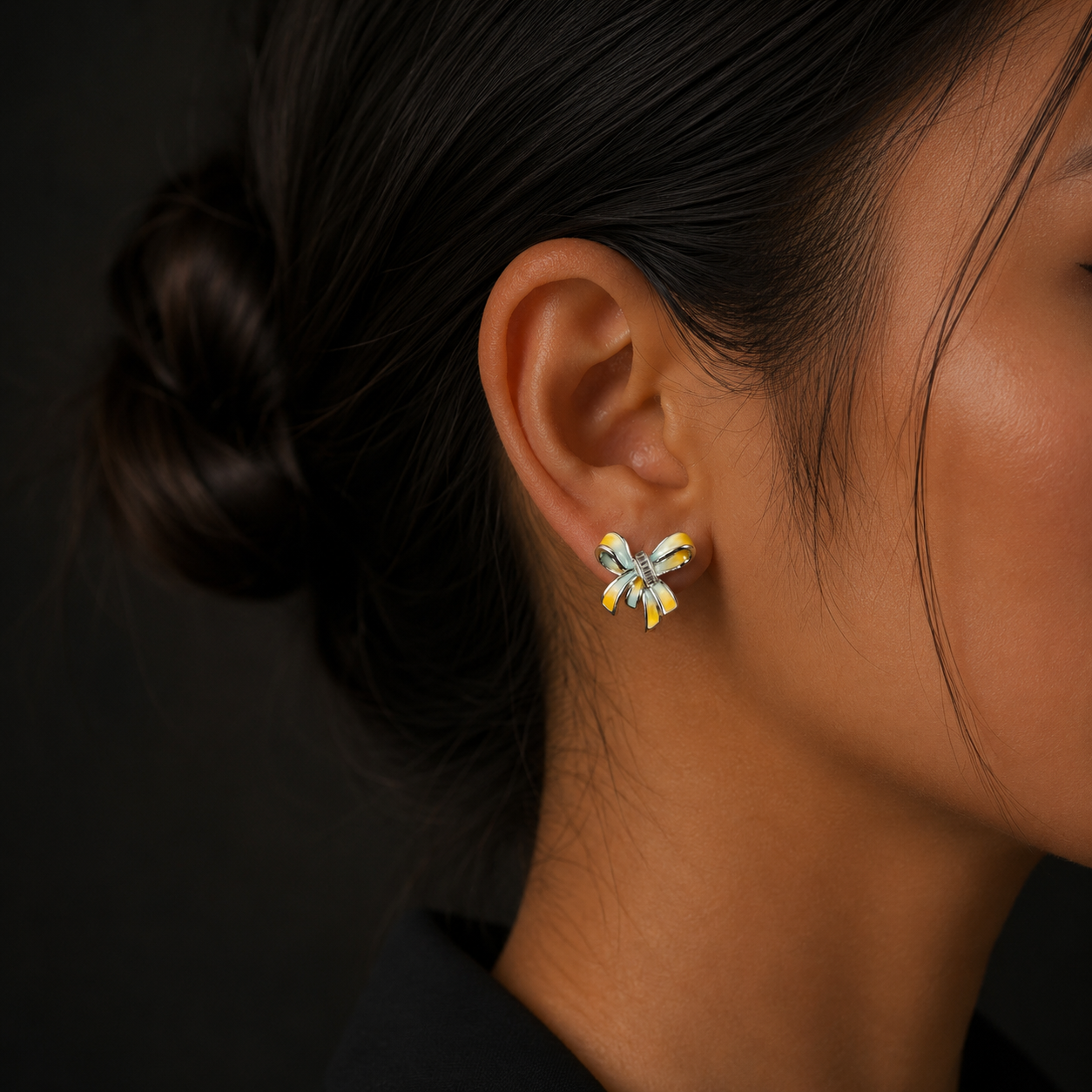 Silver Blue & Yellow Bow Diamond Stud Earrings for Women