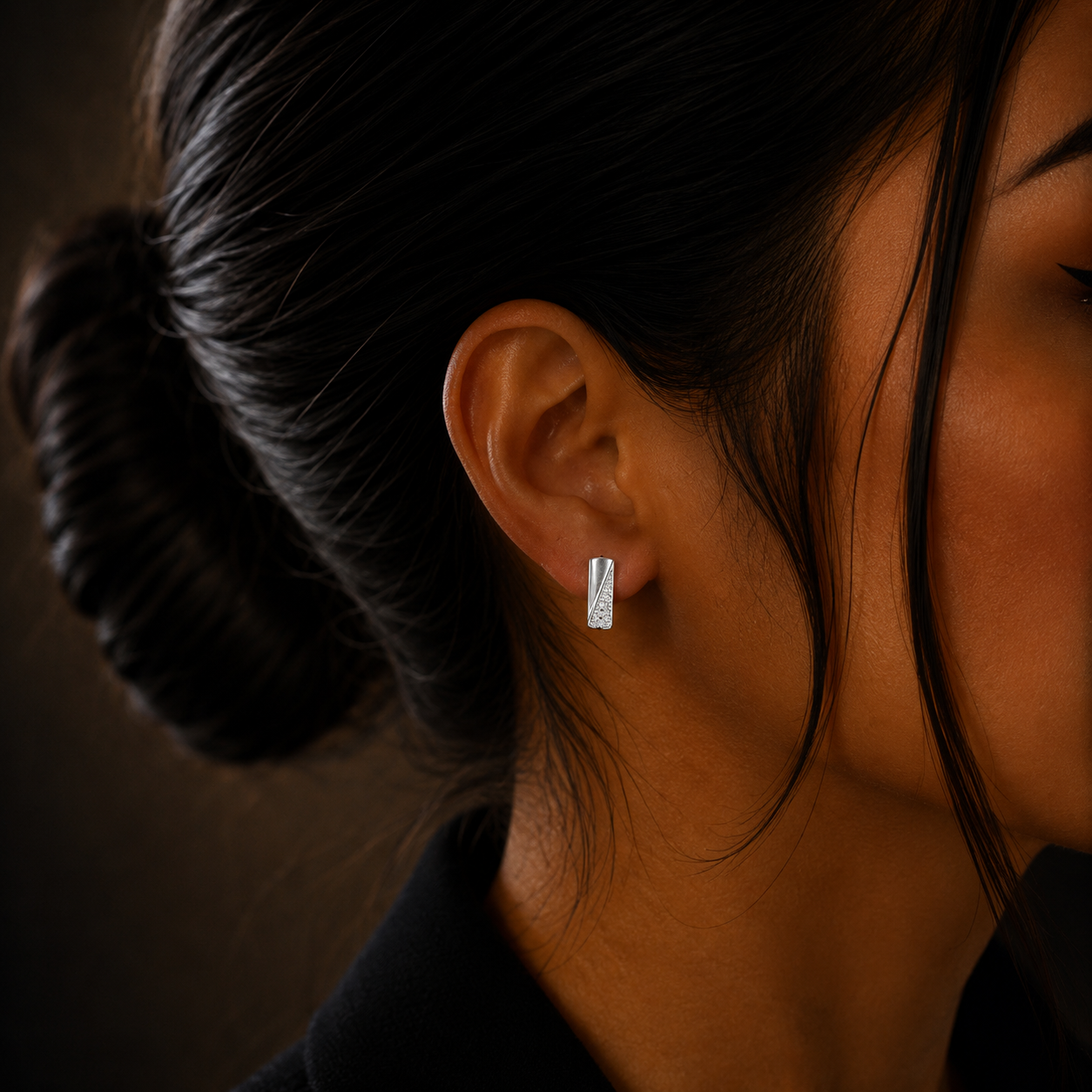 Modern Silver Diamond Sleek Loop Earrings for Women