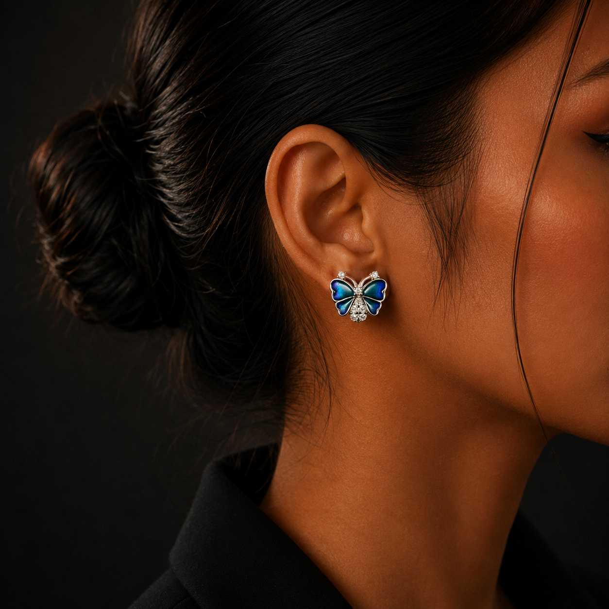 Silver Blue Butterfly Diamond Stud Earrings for Women