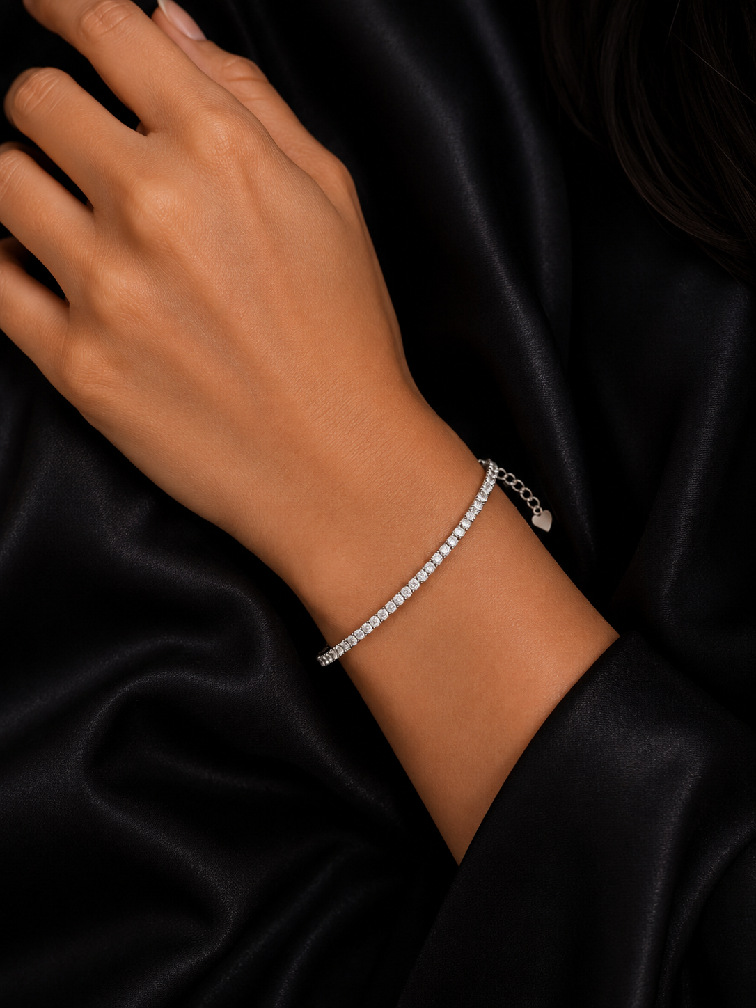 Silver Diamond Tennis Bracelet with Heart Charm