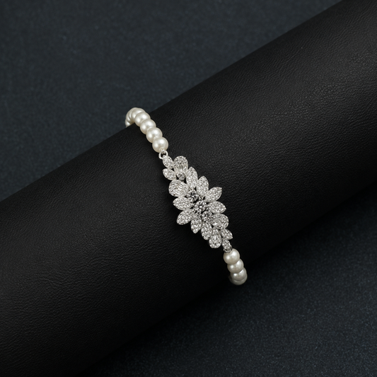 Silver Pearl Floral Diamond Bracelet