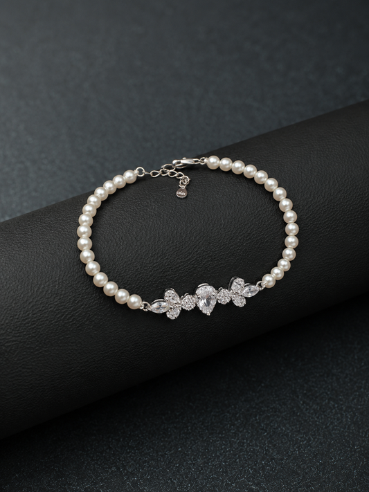 Silver Pearl Diamond Floral Bracelet