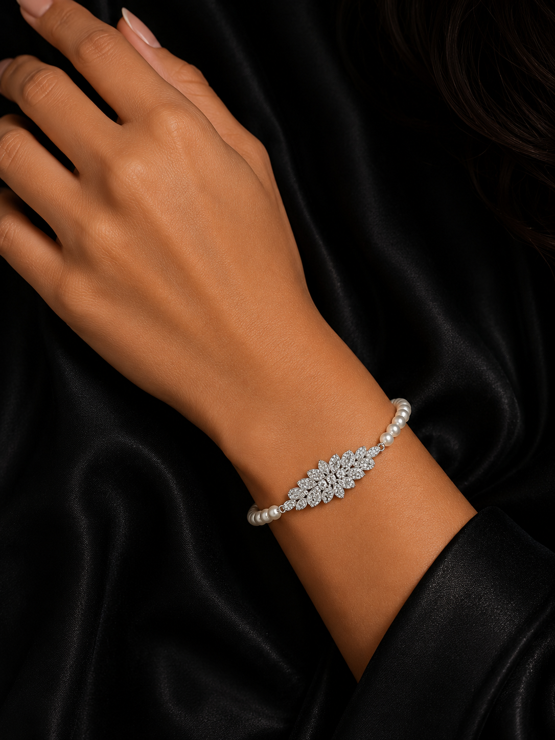 Silver Pearl Floral Diamond Bracelet