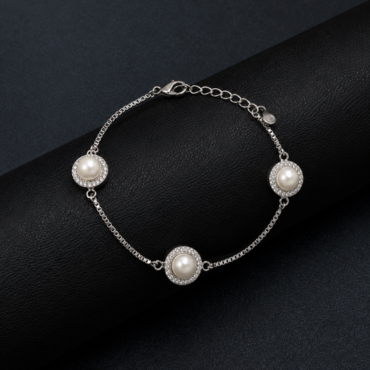 Silver Pearl Diamond Circle Bracelet