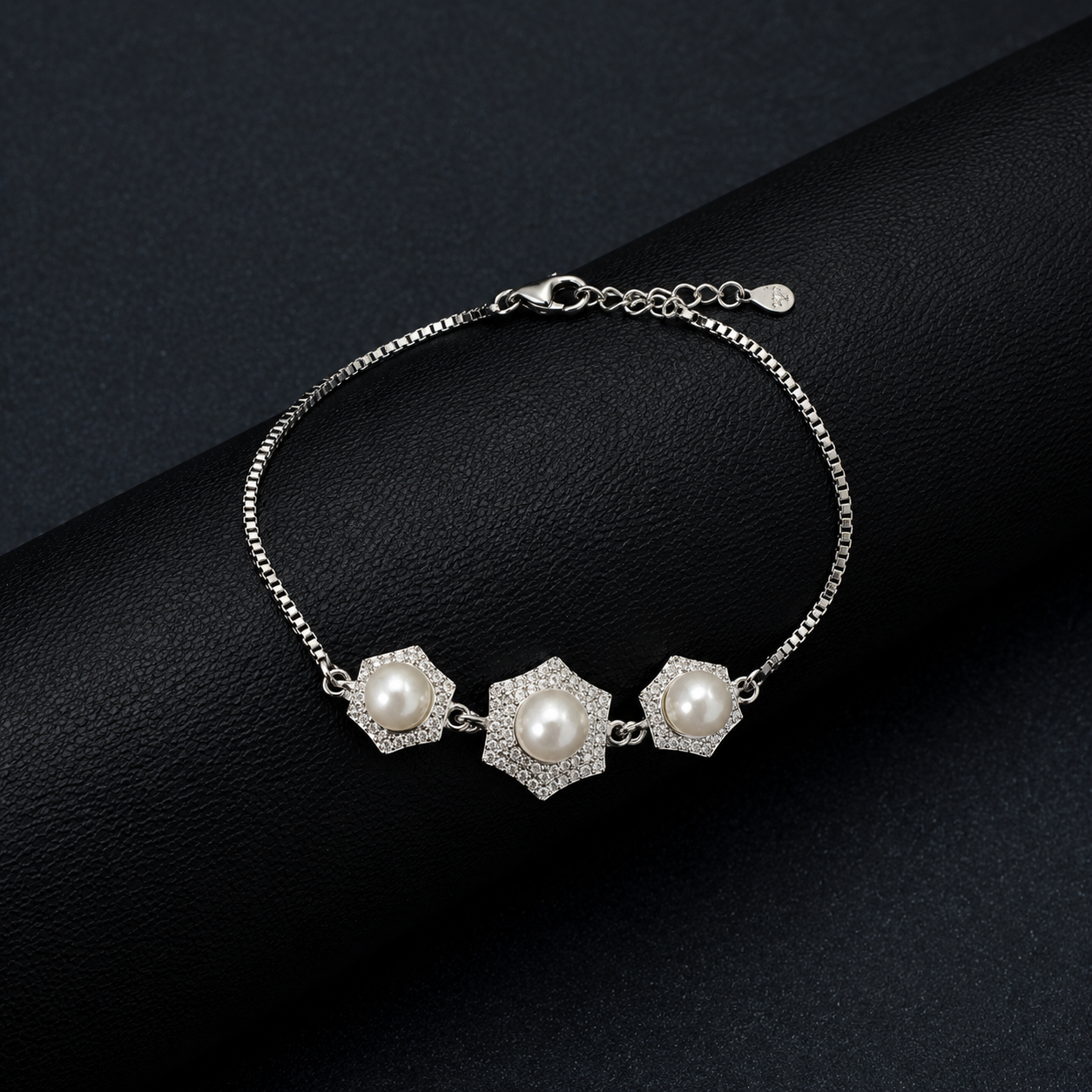Silver Pearl Diamond Floral Bracelet