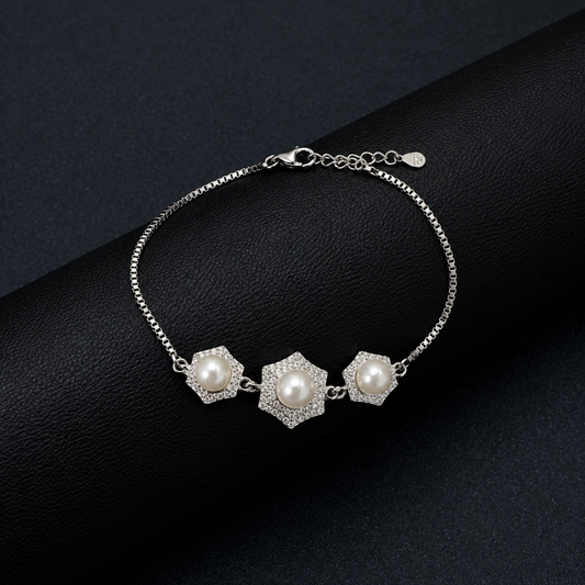 Silver Pearl Diamond Floral Bracelet