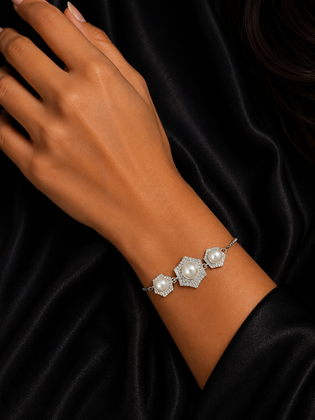 Silver Pearl Diamond Floral Bracelet