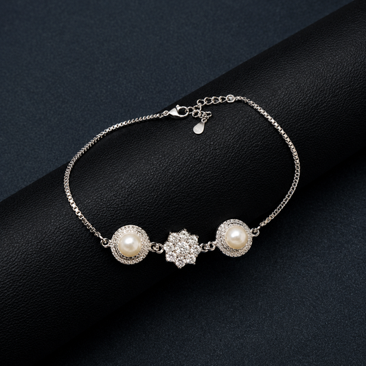 Silver Diamond Bracelet with Two Pearls