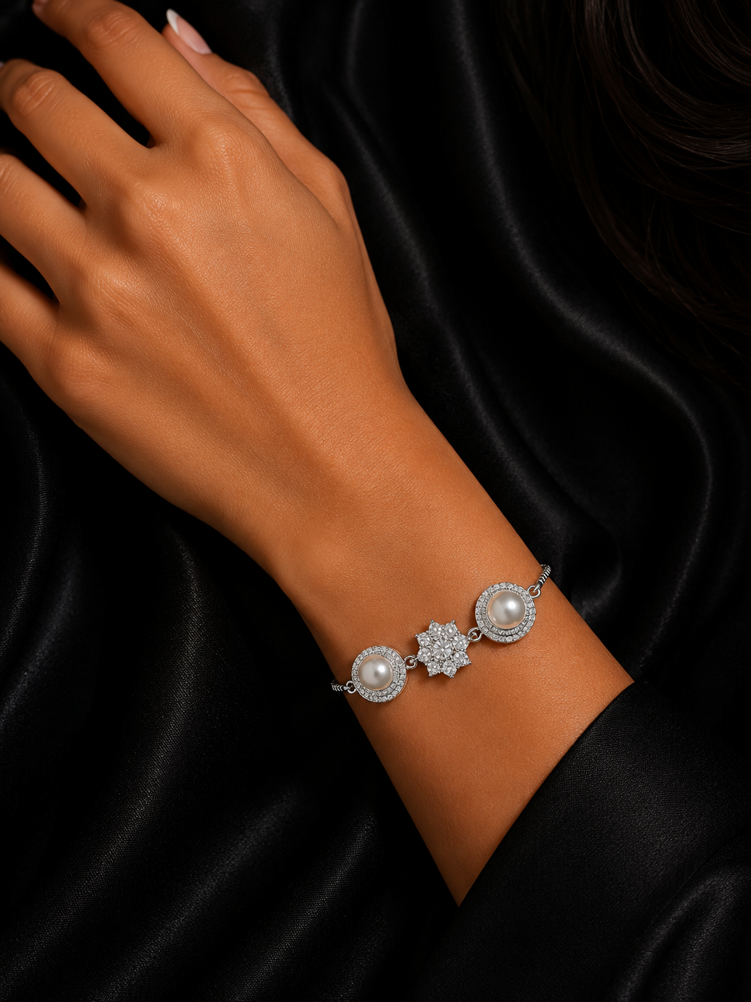 Silver Diamond Bracelet with Two Pearls