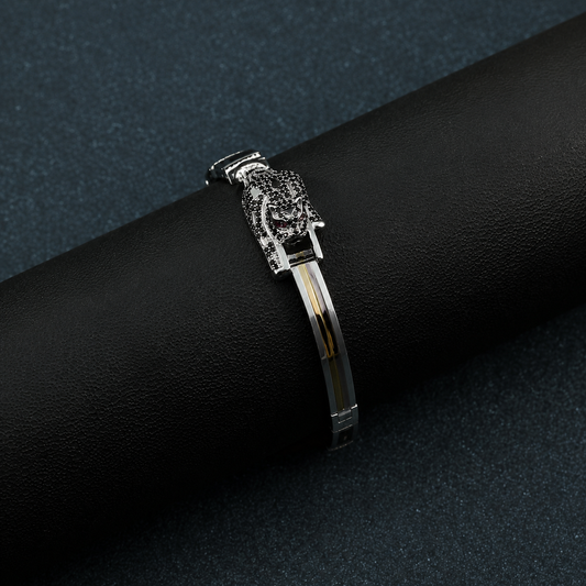 Men’s Silver & Gold Panther Head Kada Bracelet