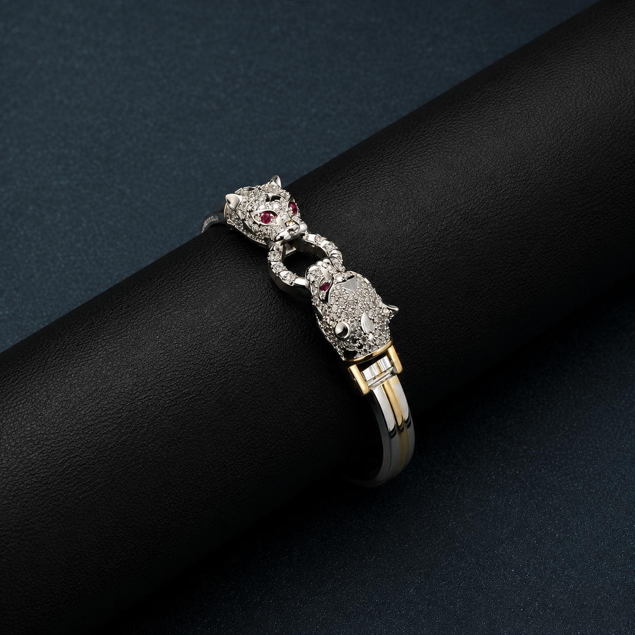 Majestic Panther Link Silver & Gold Diamond Kada Bracelet for Men