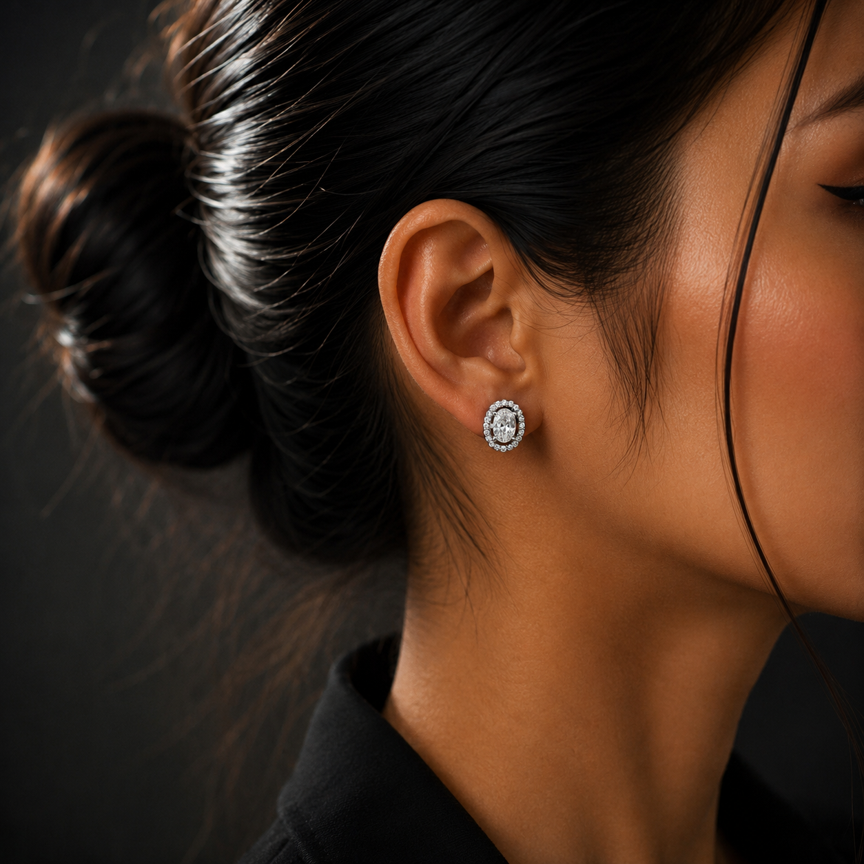 Silver Oval Halo Diamond Stud Earrings for Women