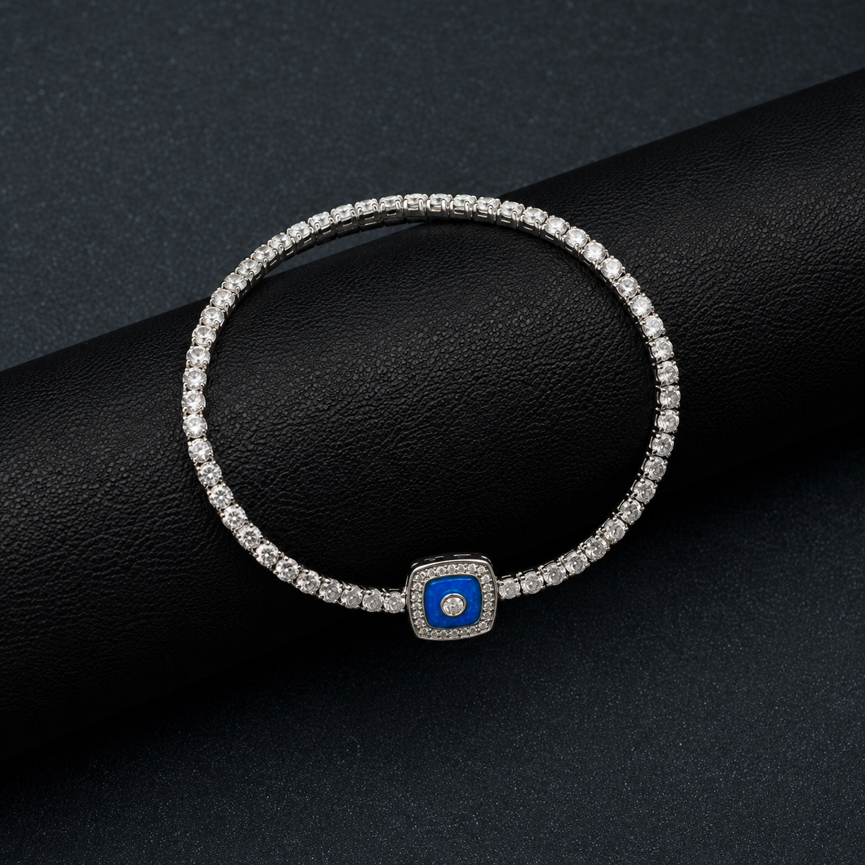Silver Diamond Stretchable Bracelet with Blue Evil Eye
