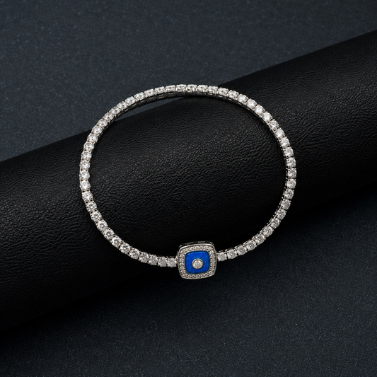 Silver Diamond Stretchable Bracelet with Blue Evil Eye
