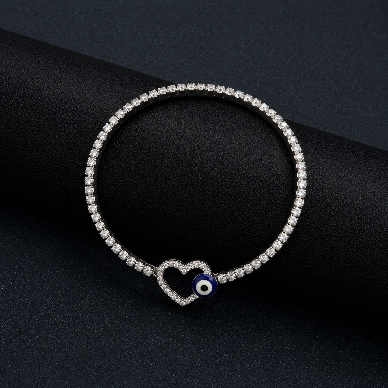 Silver Diamond Stretchable Heart Evil Eye Bracelet
