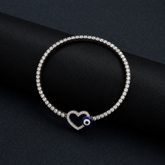 Silver Diamond Stretchable Heart Evil Eye Bracelet