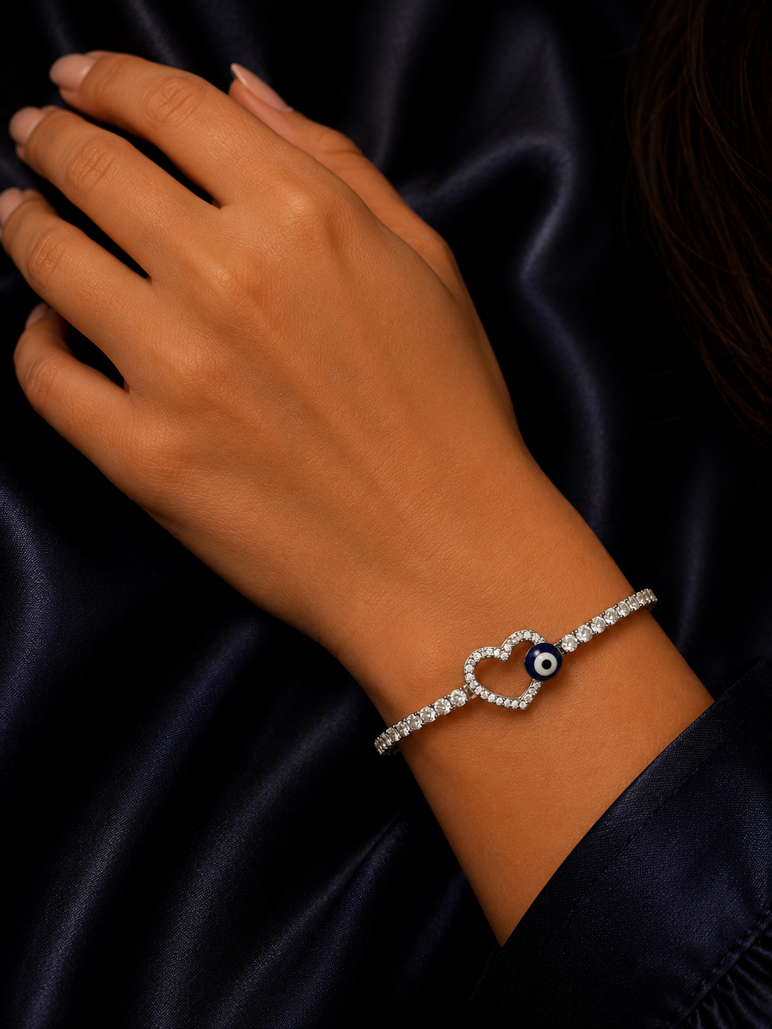 Silver Diamond Stretchable Heart Evil Eye Bracelet