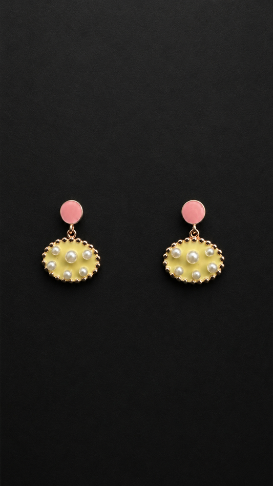 Silver Yellow Pearl Drop Stud Earrings