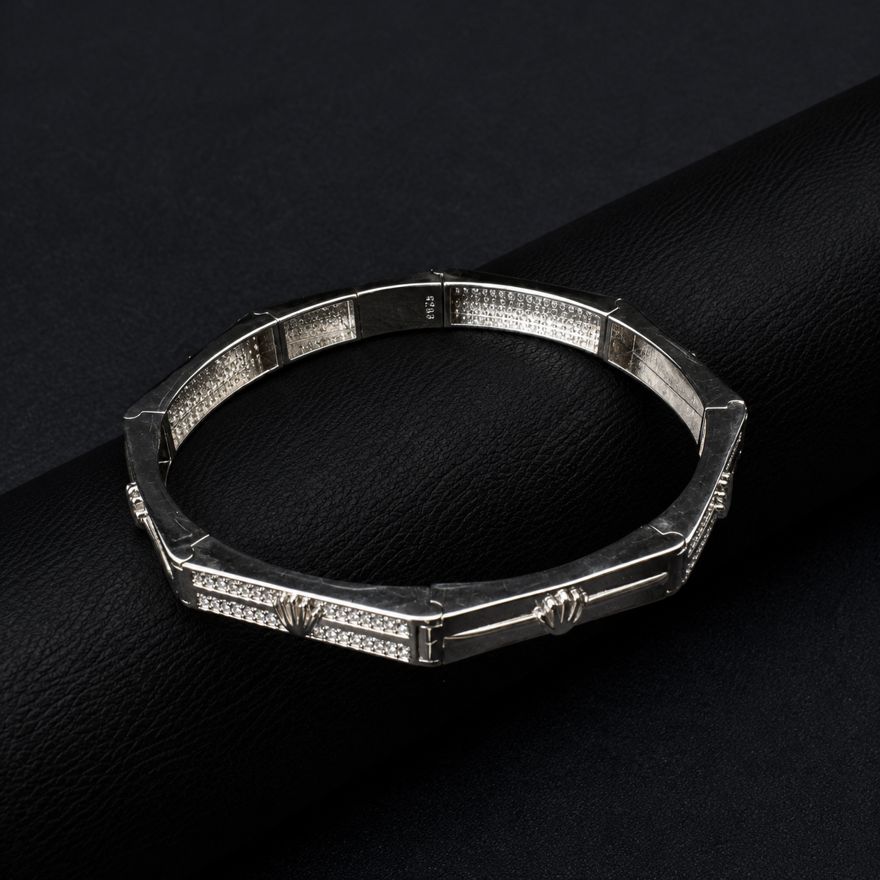 Silver Diamond Kada Style Bracelet with Crown Motif