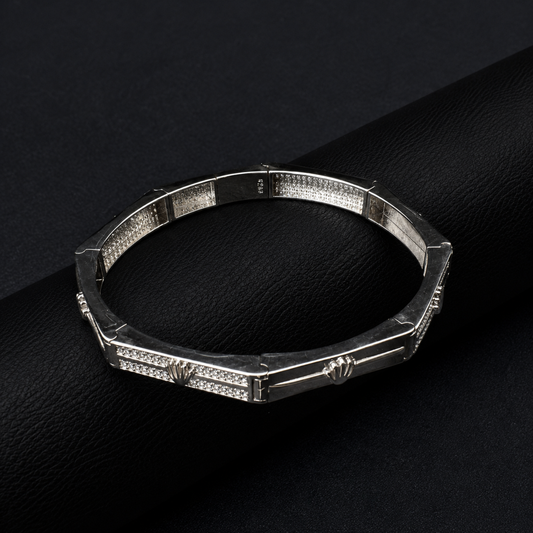 Silver Diamond Kada Style Bracelet with Crown Motif