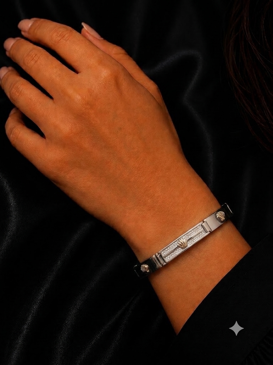 Silver Diamond Kada Style Bracelet with Crown Motif