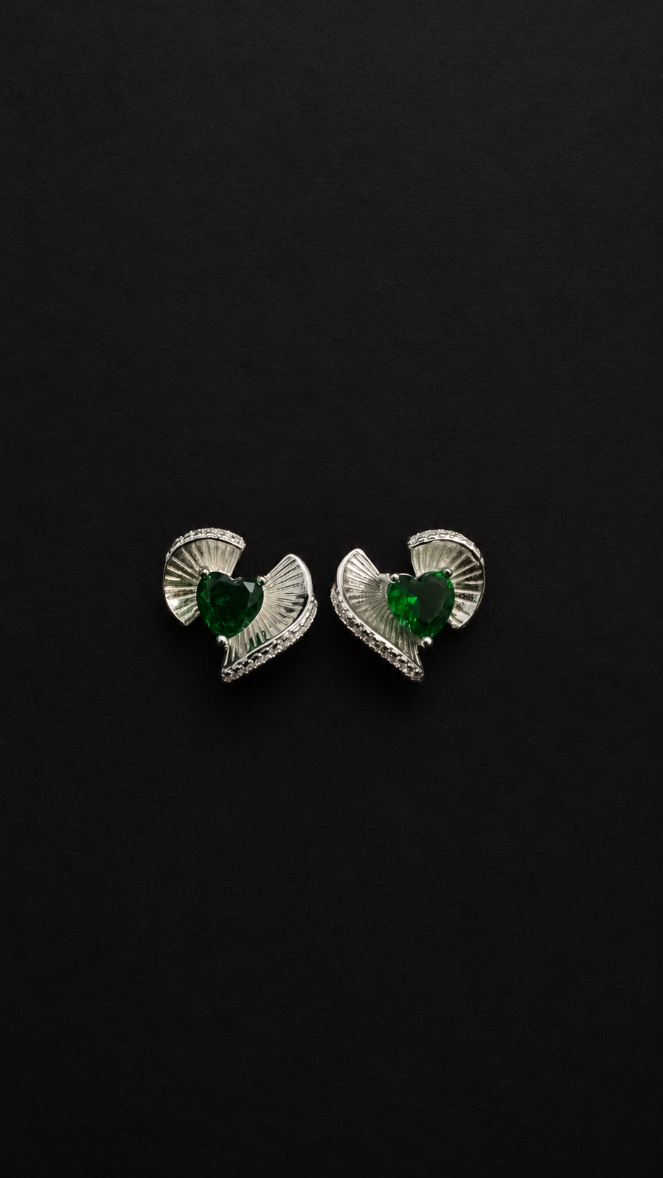 Silver Green Heart Stud Earrings