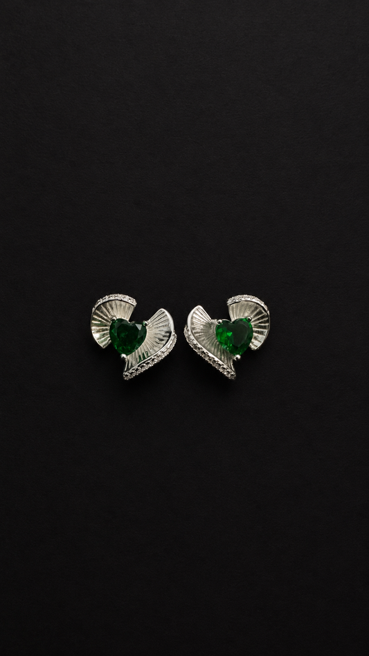 Silver Green Heart Stud Earrings