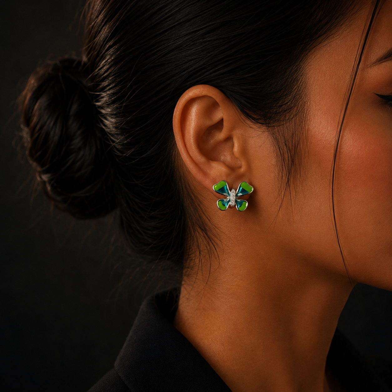 Silver Green & Blue Bow Diamond Stud Earrings for Women
