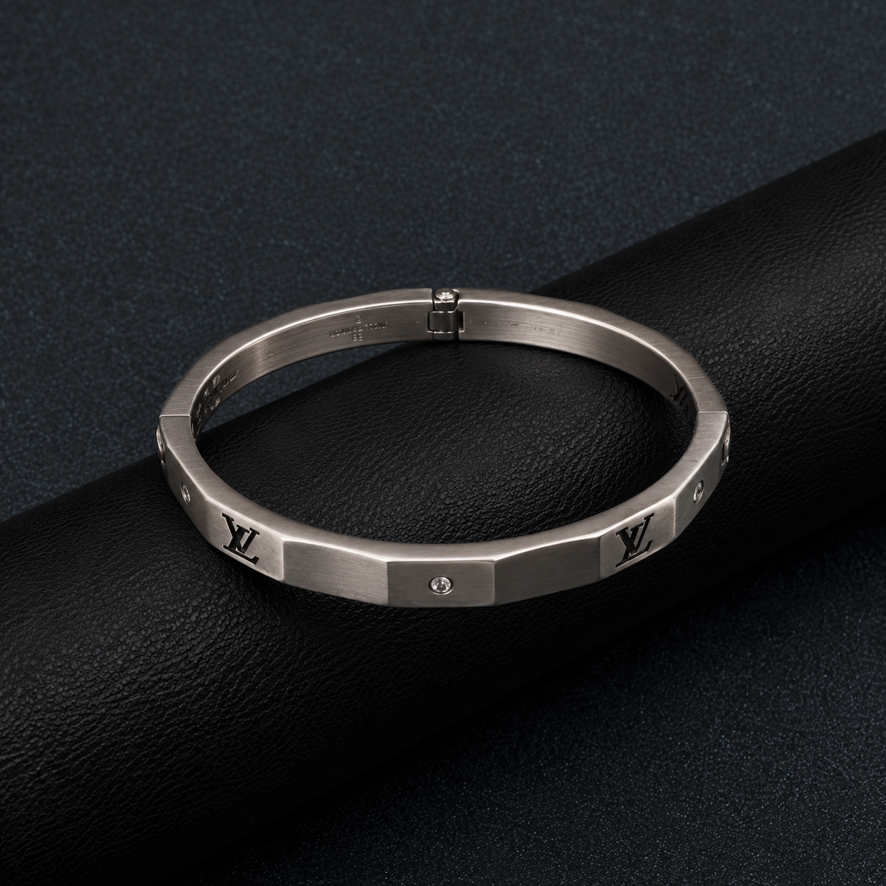 Silver Diamond Kada Bracelet with LV-Inspired Motif
