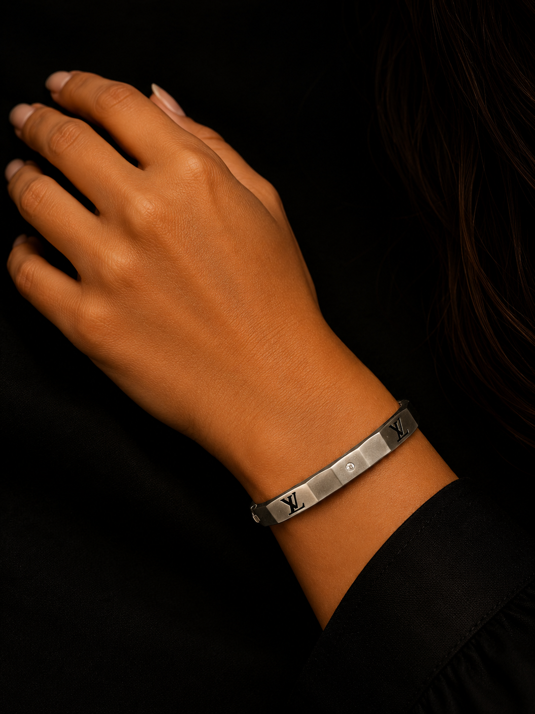 Silver Diamond Kada Bracelet with LV-Inspired Motif