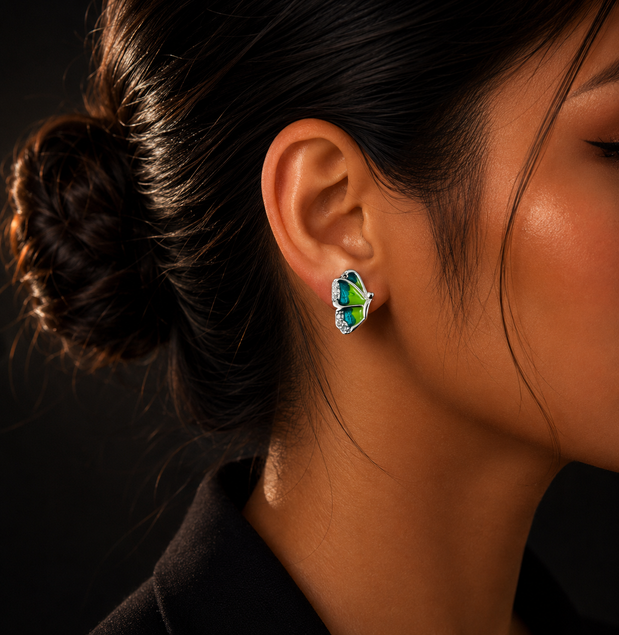 Silver Green & Blue Butterfly Diamond Stud Earrings for Women