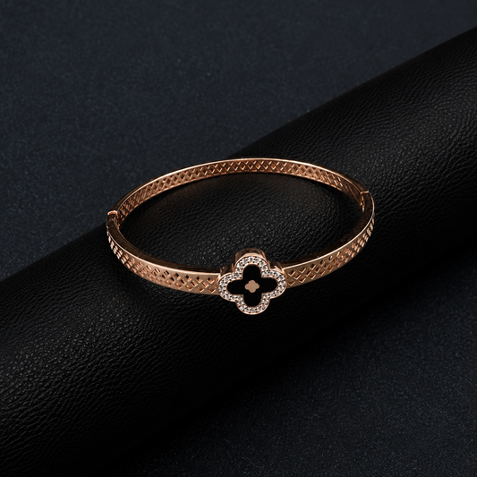 Silver Rose Gold Diamond Kada Bracelet with Black Clover Motif