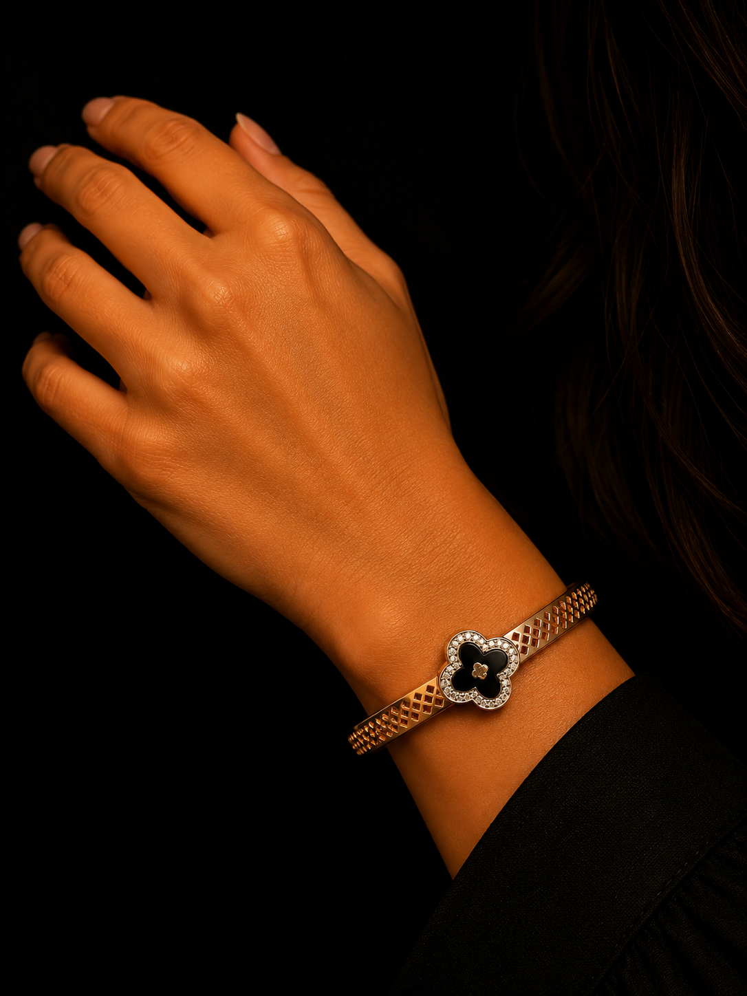 Silver Rose Gold Diamond Kada Bracelet with Black Clover Motif