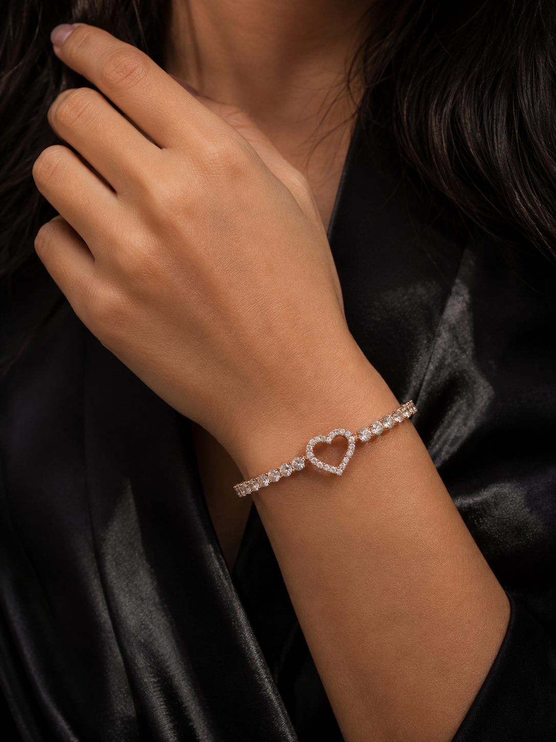 Silver Rose Gold Stretchable Heart Diamond Bracelet
