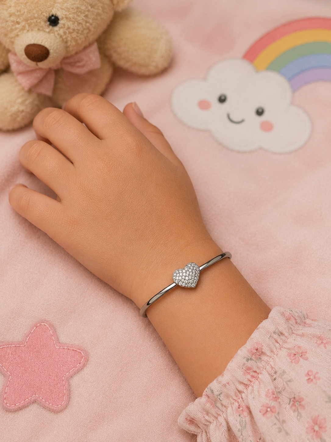 Silver Diamond Heart Kada Bracelet for Kids
