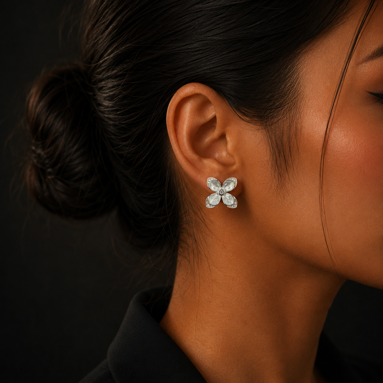 Silver Pearl White Floral Diamond Stud Earrings for Women
