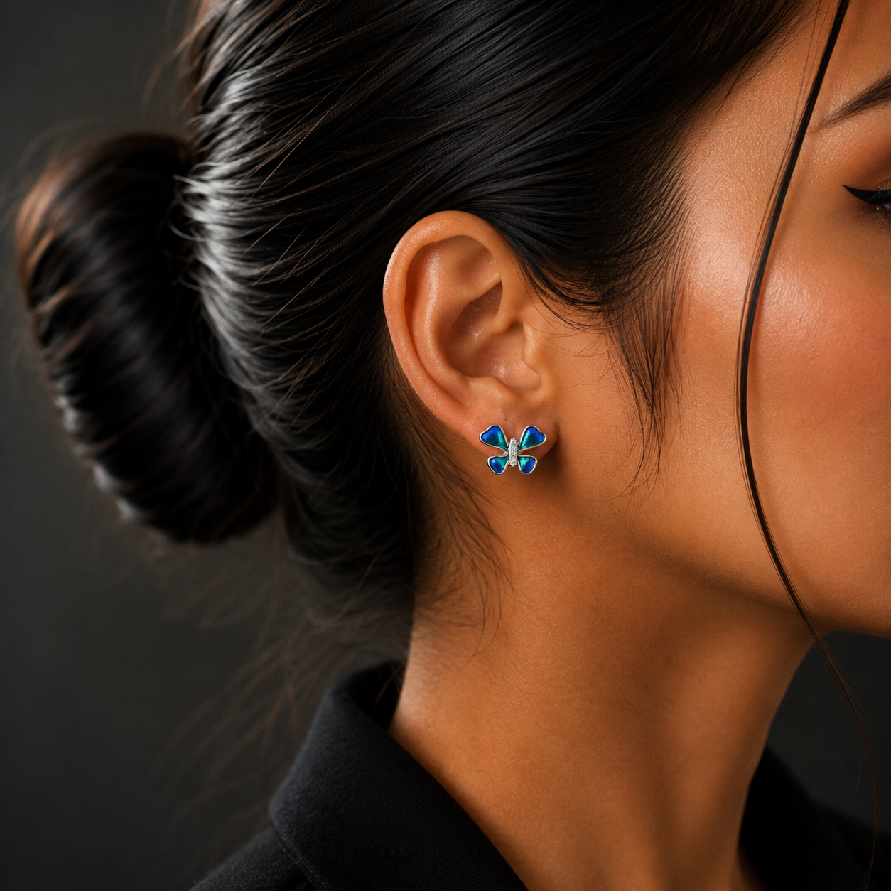 Silver Blue Butterfly Stud Earrings for Women